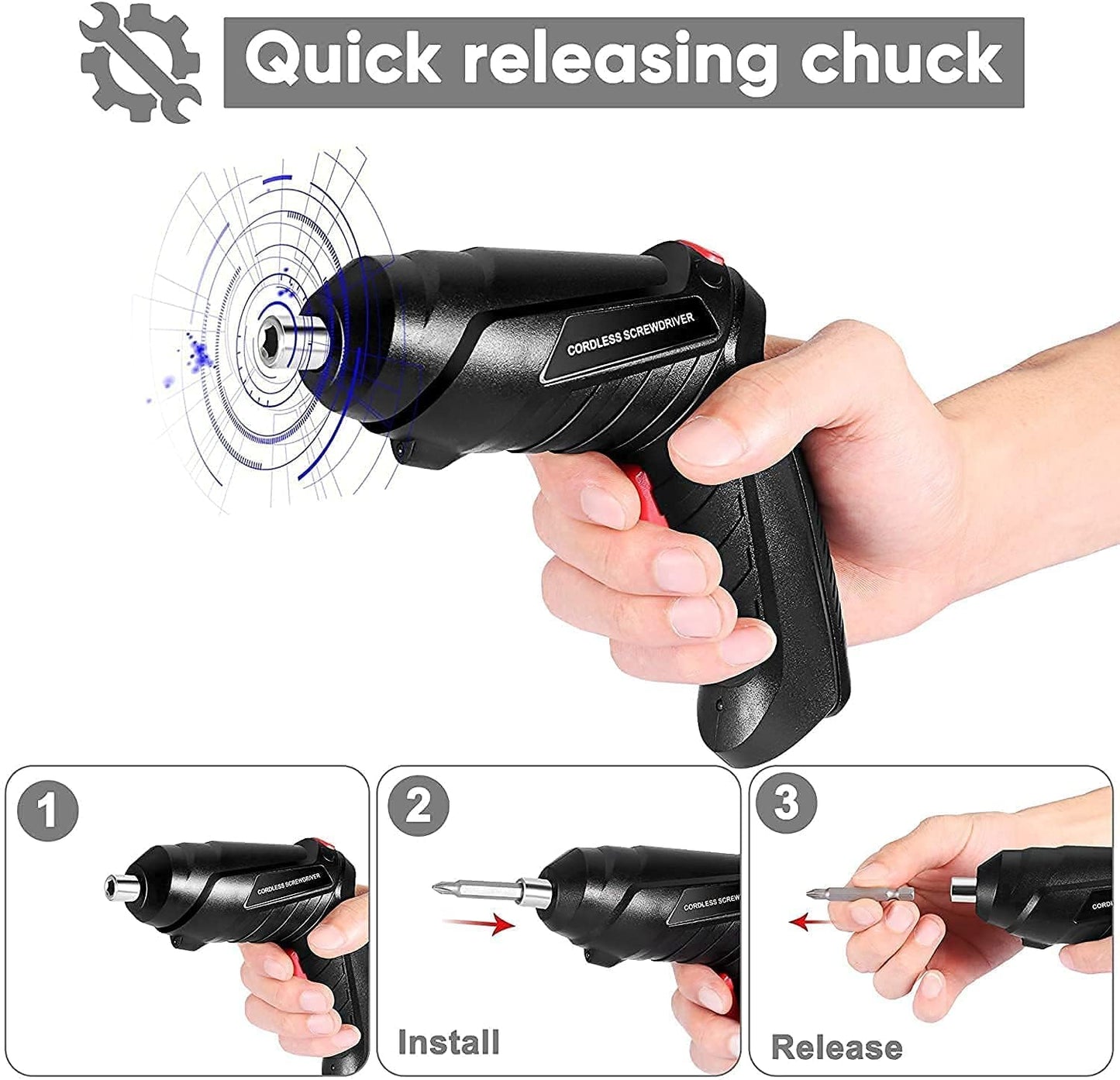 47-in-1 Cordless Electric Screwdriver Kit – USB Rechargeable, Right Angle Adapter, LED Light