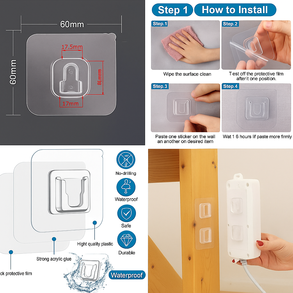 Heavy-Duty Transparent Wall Hooks – No Drill, No Mess!