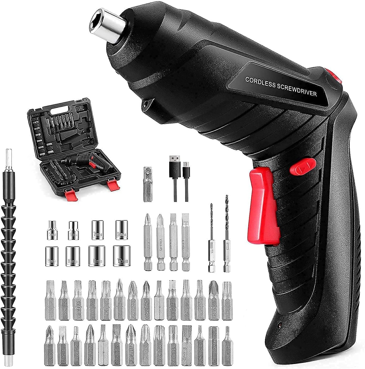 47-in-1 Cordless Electric Screwdriver Kit – USB Rechargeable, Right Angle Adapter, LED Light