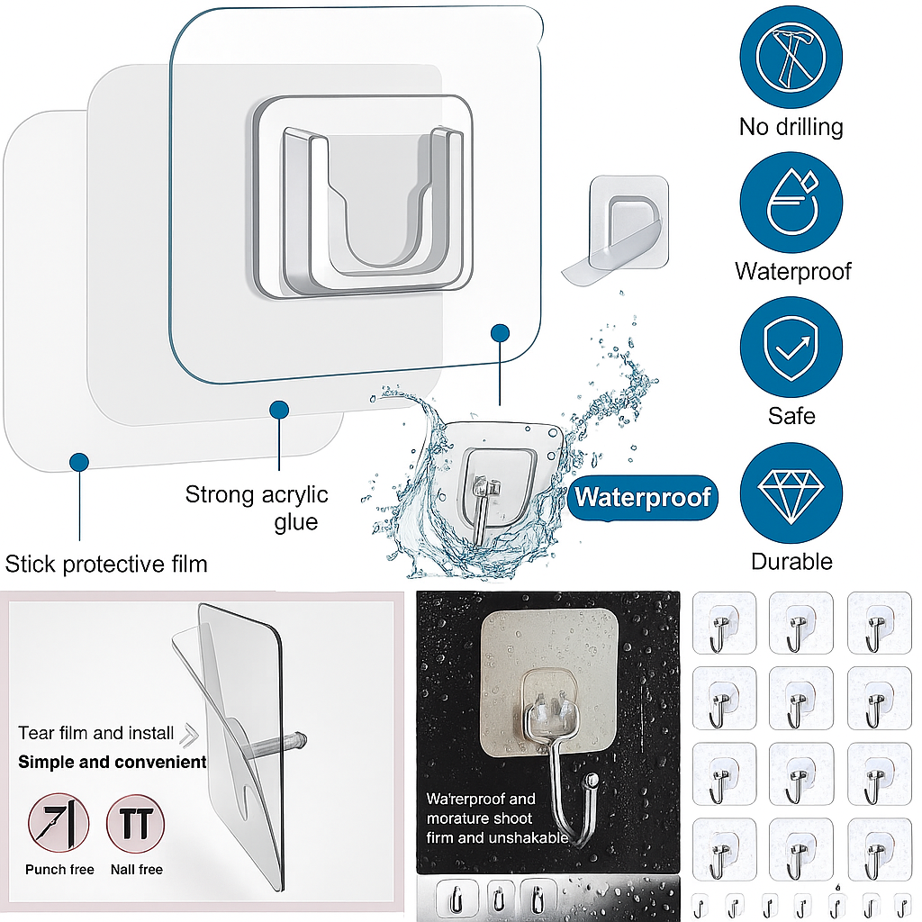 Heavy-Duty Transparent Wall Hooks – No Drill, No Mess!